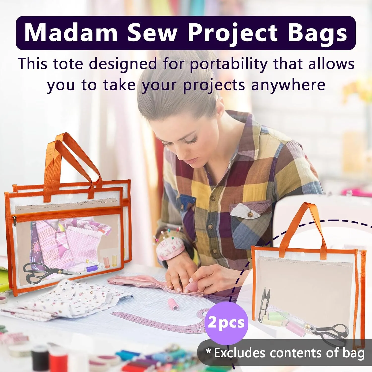 2 Pcs Portable Project Bags for Quilting Knitting, Stitching and Embroidery Projects Storage, Madam Sew Project Bag with Zipper and Double Pockets, Transparent Mesh Sewing Project Bag for Crafter