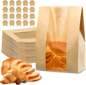200 Pcs Bread Bags for Homemade Bread, Sourdough Paper Bags With Window, 50% Thicker 13.7x8.2x3.7in, A Large Bakery Bag Used for Storage Sourdough & Snacks, 210 Cute Sealing Stickers With Ties