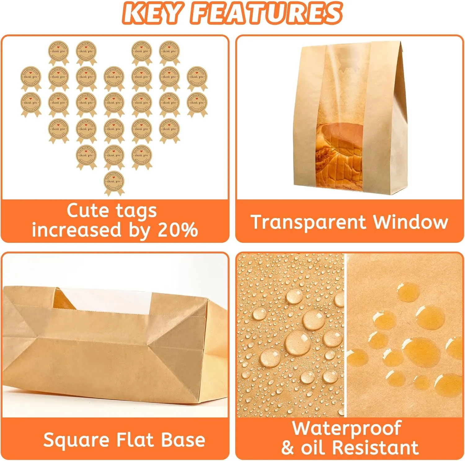 200 Pcs Bread Bags for Homemade Bread, Sourdough Paper Bags With Window, 50% Thicker 13.7x8.2x3.7in, A Large Bakery Bag Used for Storage Sourdough & Snacks, 210 Cute Sealing Stickers With Ties