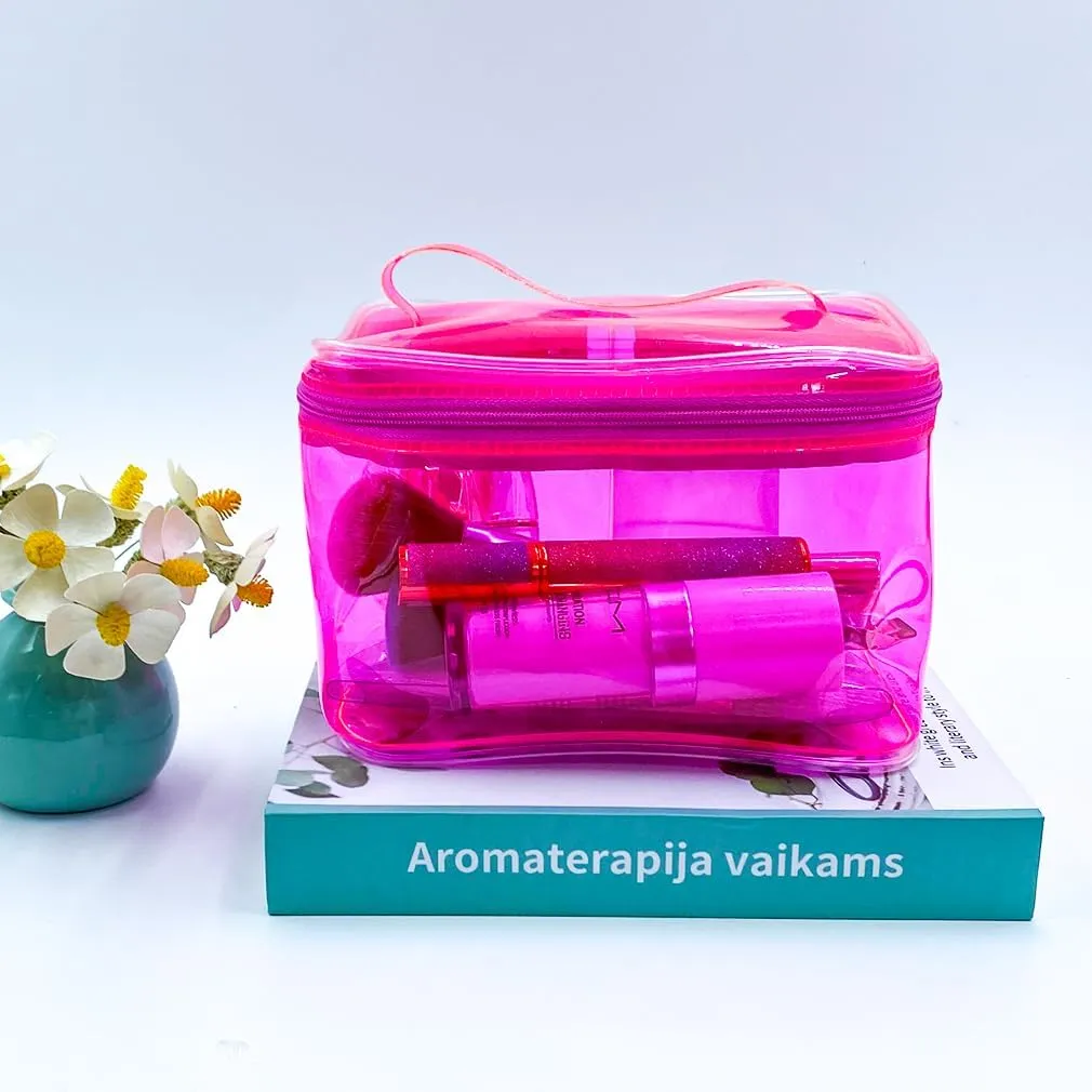 2PCS Clear Handle Zipper Cosmetic Bag and Versatile Travel Pouch,Durable PVC Material,for Makeup Travel Essentials (Pink Yellow)