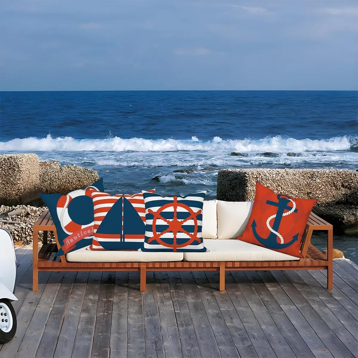 4 Pcs/Set Ocean Pillow Covers Nautical Diary Anchor Compass Sailboat Navy Blue Stripe Nautical Gifts Coastal Outdoor Minimalist Linen Throw Cushion Cases for Couch Sofa Bedroom, 24"x24"