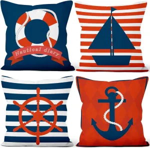 4 Pcs/Set Ocean Pillow Covers Nautical Diary Anchor Compass Sailboat Navy Blue Stripe Nautical Gifts Coastal Outdoor Minimalist Linen Throw Cushion Cases for Couch Sofa Bedroom, 24"x24"
