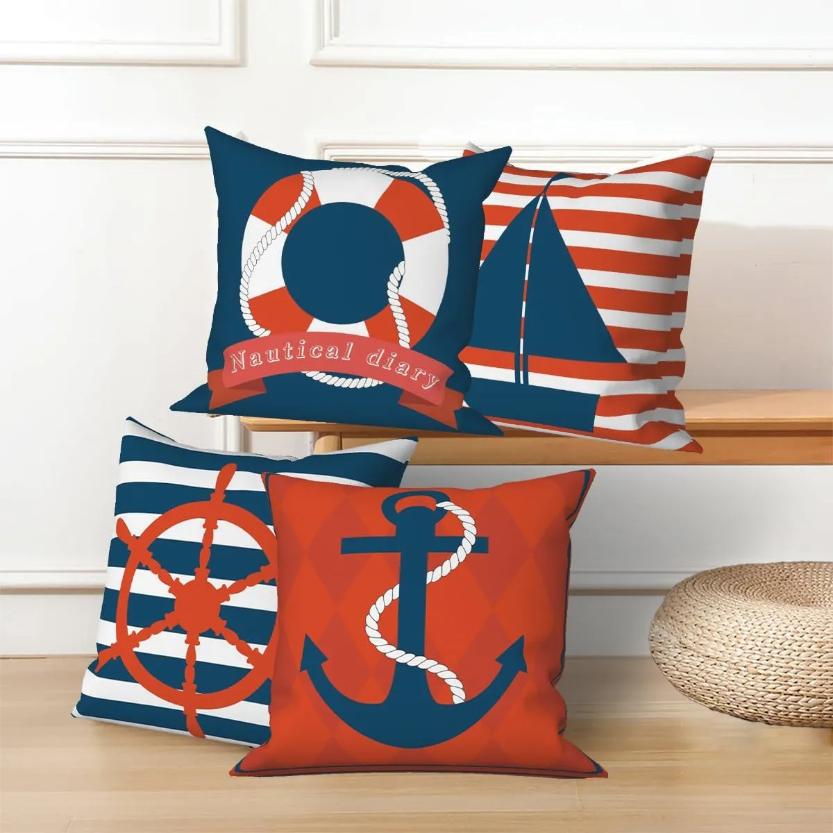 4 Pcs/Set Ocean Pillow Covers Nautical Diary Anchor Compass Sailboat Navy Blue Stripe Nautical Gifts Coastal Outdoor Minimalist Linen Throw Cushion Cases for Couch Sofa Bedroom, 24"x24"