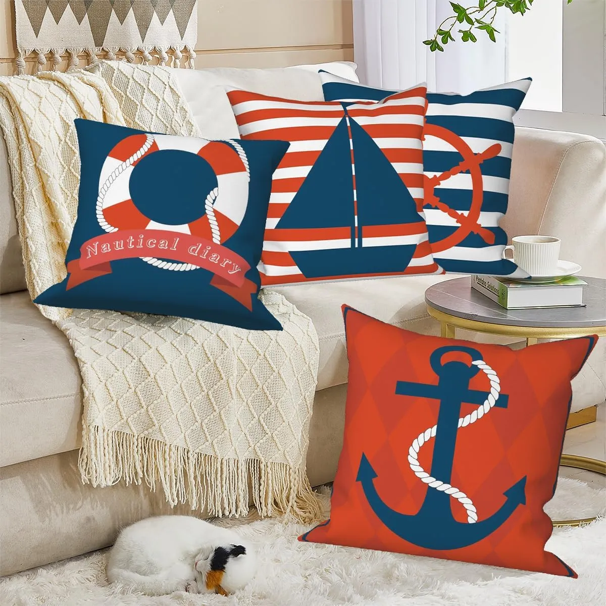 4 Pcs/Set Ocean Pillow Covers Nautical Diary Anchor Compass Sailboat Navy Blue Stripe Nautical Gifts Coastal Outdoor Minimalist Linen Throw Cushion Cases for Couch Sofa Bedroom, 24"x24"