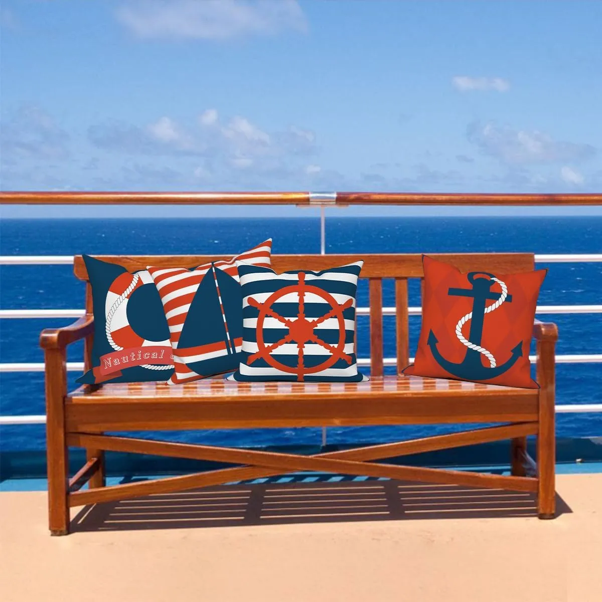4 Pcs/Set Ocean Pillow Covers Nautical Diary Anchor Compass Sailboat Navy Blue Stripe Nautical Gifts Coastal Outdoor Minimalist Linen Throw Cushion Cases for Couch Sofa Bedroom, 24"x24"