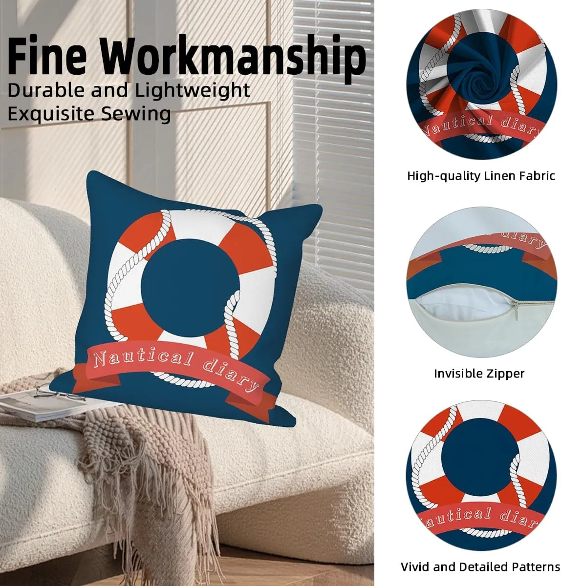 4 Pcs/Set Ocean Pillow Covers Nautical Diary Anchor Compass Sailboat Navy Blue Stripe Nautical Gifts Coastal Outdoor Minimalist Linen Throw Cushion Cases for Couch Sofa Bedroom, 24"x24"