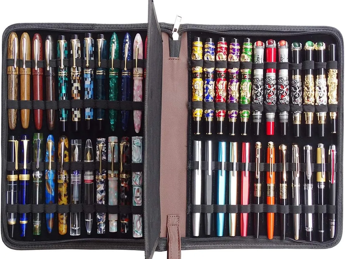 48 Fountain Pen Case, Rollerball Pen Holder PU Leather Bag Pouch Large Capacity for Your Collection - Brown