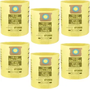 6 Pack 90673 Type G and J Vacuum Bags Compatible for Shop Vac 15-22 Gallon Vacuum, High Efficiency Dust Disposable Collection Filter Bag Part 90663 90673 9066300 9067300 VF2008