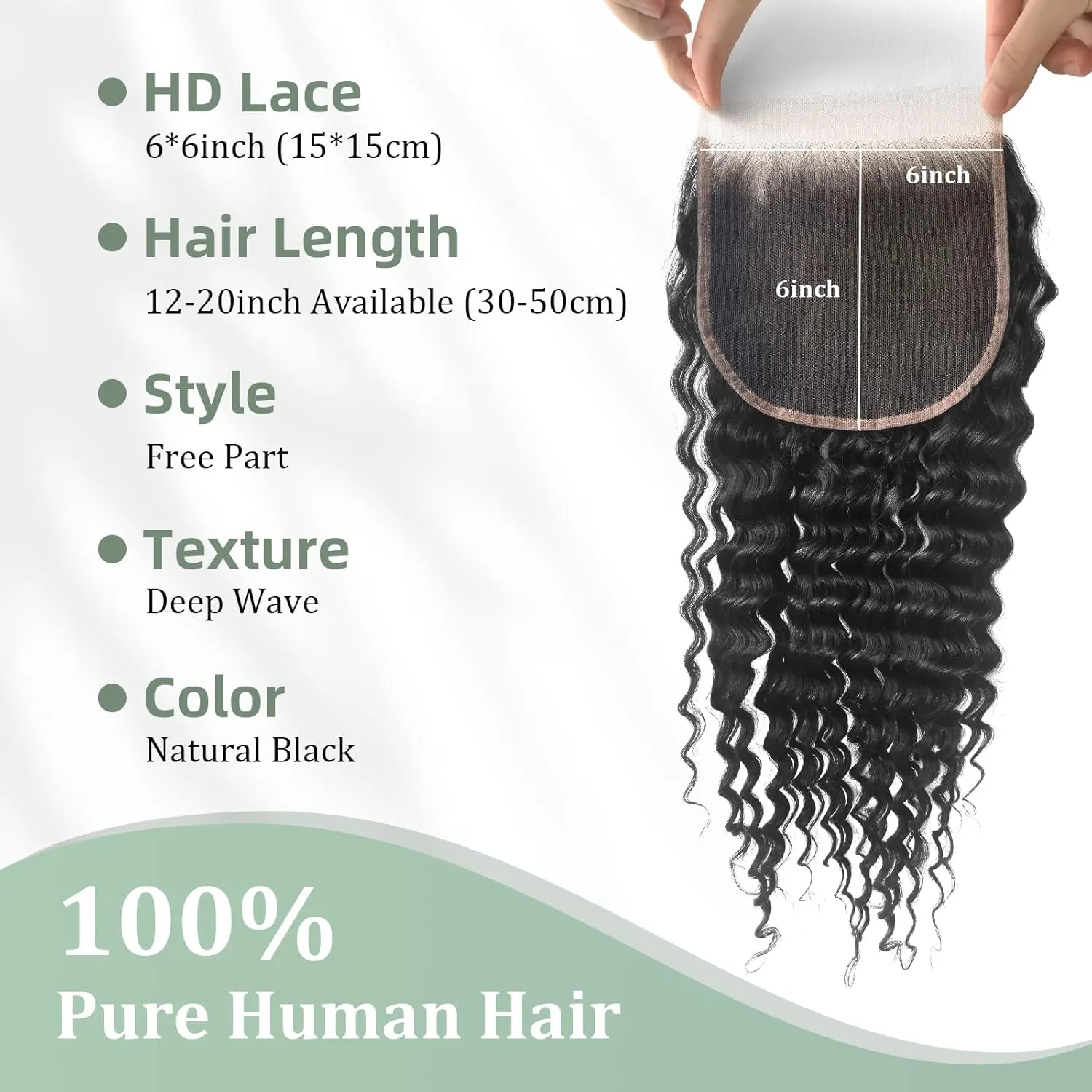 6x6 Skinlike HD Lace Closure Human Hair Wet n Wavy 14Inch Bleached Tiny Knot HD Closure Ultra-thin 0.10mm Swiss Invisible HD Lace Closure Natural Black Deep Wave closure Pre-Plucked Hairline