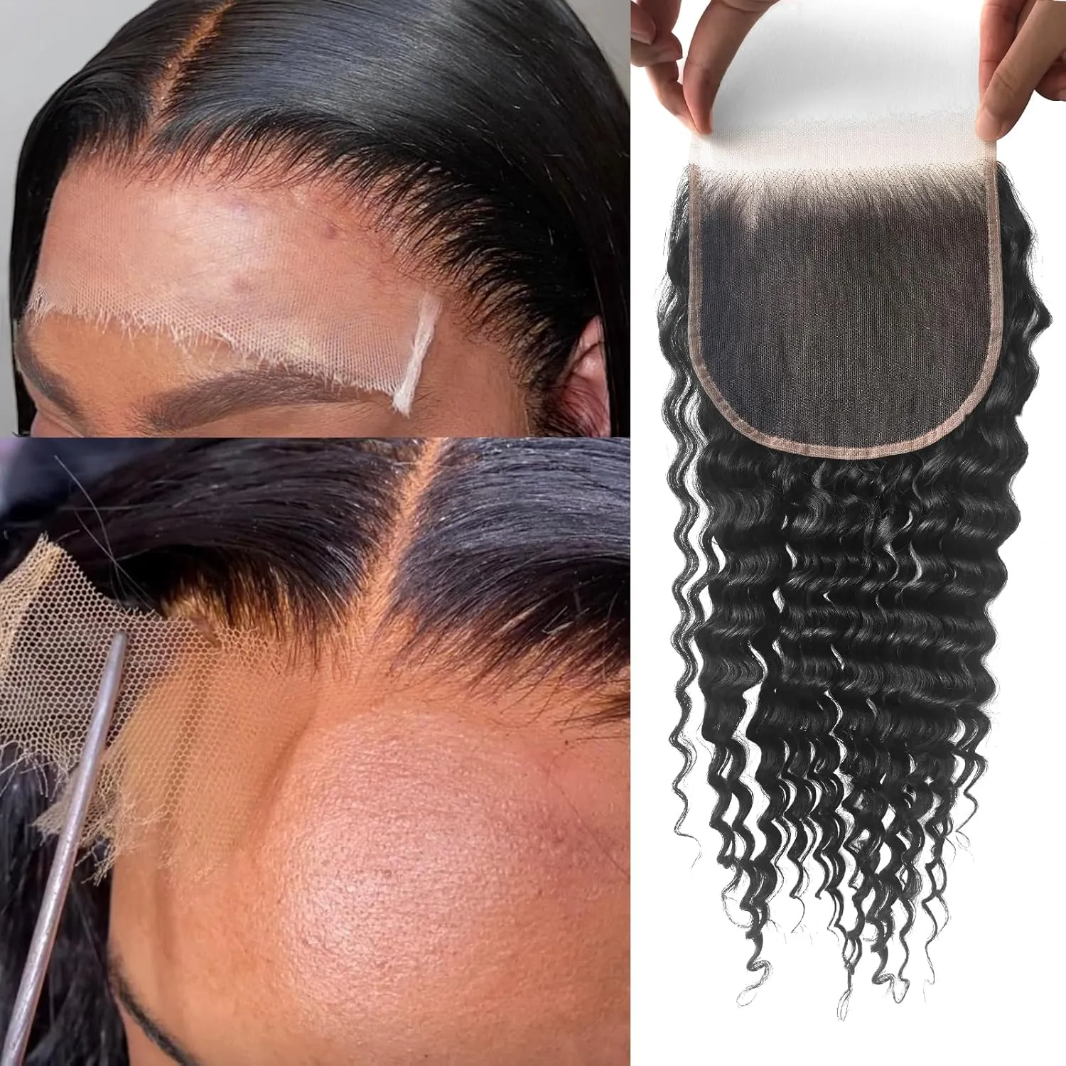 6x6 Skinlike HD Lace Closure Human Hair Wet n Wavy 14Inch Bleached Tiny Knot HD Closure Ultra-thin 0.10mm Swiss Invisible HD Lace Closure Natural Black Deep Wave closure Pre-Plucked Hairline
