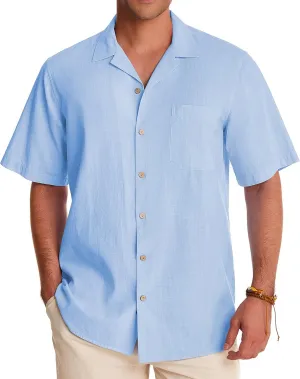 Alimens & Gentle Cuban Linen Shirts for Men Short Sleeve Button Down Shirt Cotton Summer Beach Camp Vacation Hawaiian Shirts