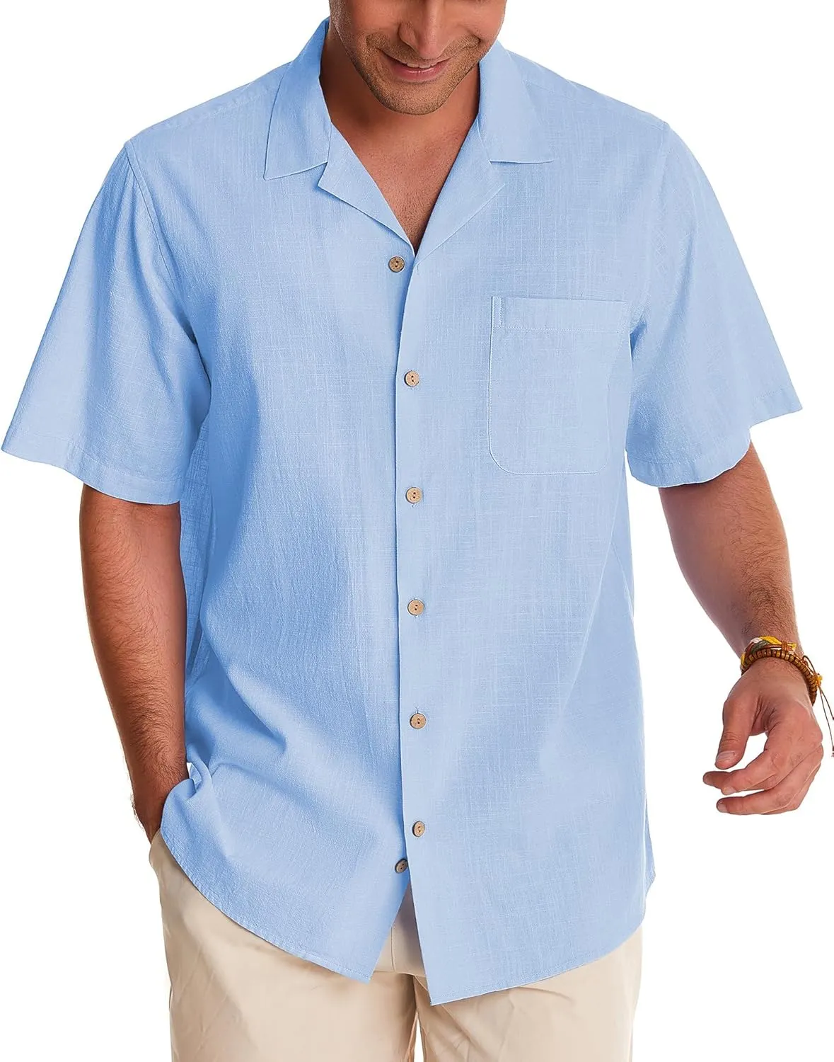 Alimens & Gentle Cuban Linen Shirts for Men Short Sleeve Button Down Shirt Cotton Summer Beach Camp Vacation Hawaiian Shirts