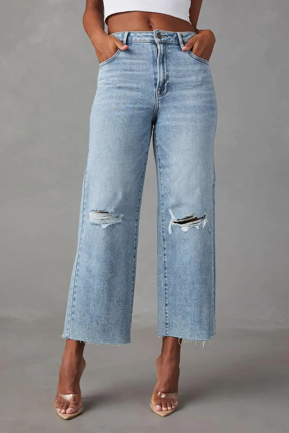 Allimy Women's High Waisted Straight Ankle Wide Leg Ripped Jeans Frayed Hem Stretchy Capri Denim Pants