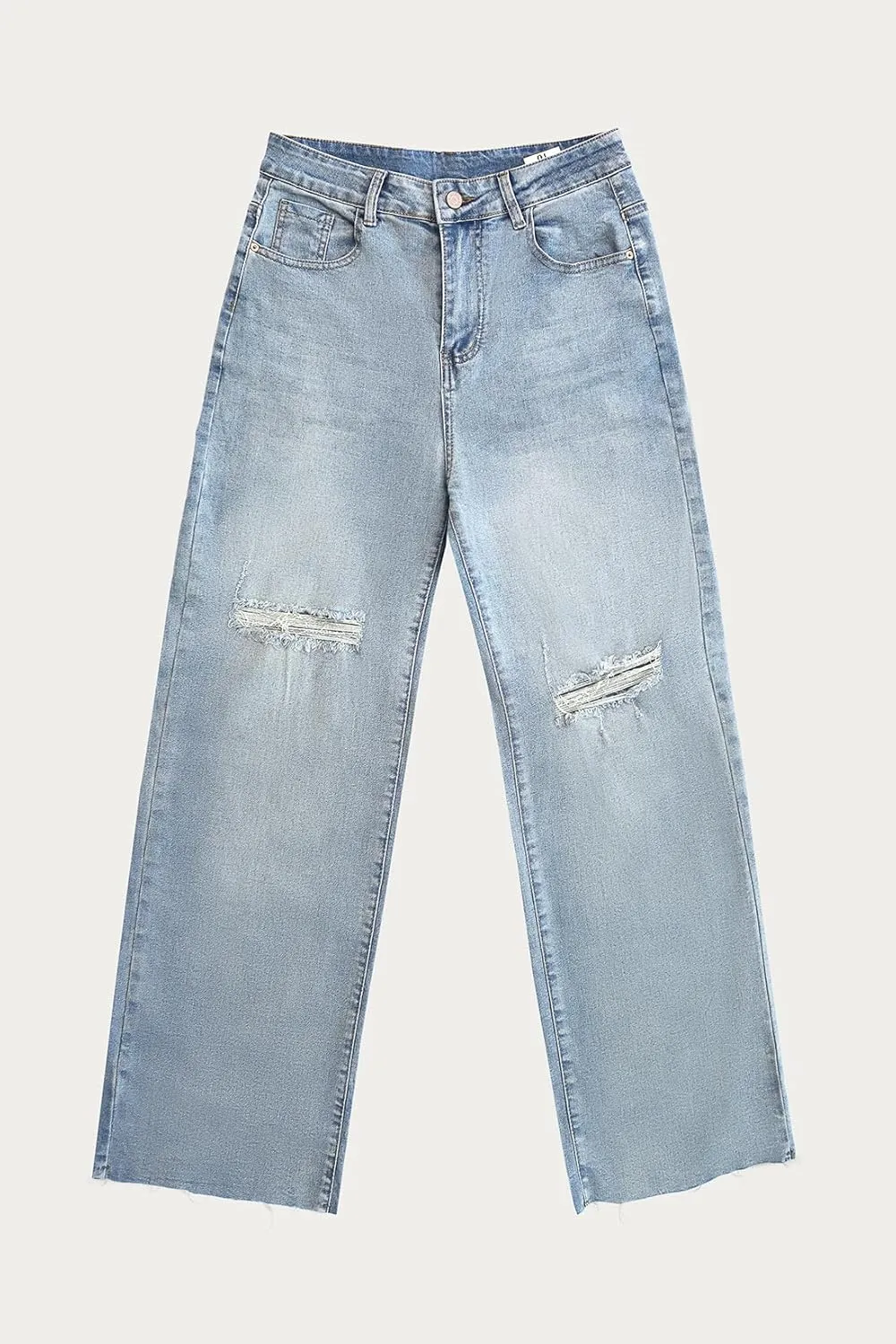 Allimy Women's High Waisted Straight Ankle Wide Leg Ripped Jeans Frayed Hem Stretchy Capri Denim Pants