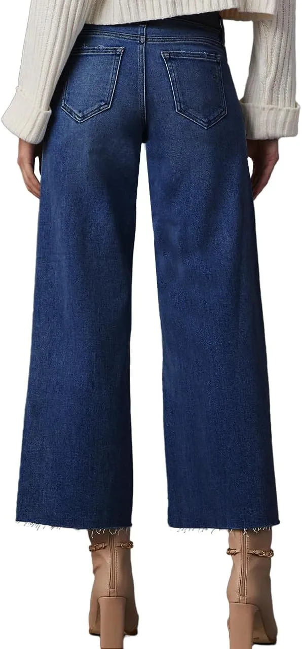 Allimy Women's High Waisted Straight Ankle Wide Leg Ripped Jeans Frayed Hem Stretchy Capri Denim Pants