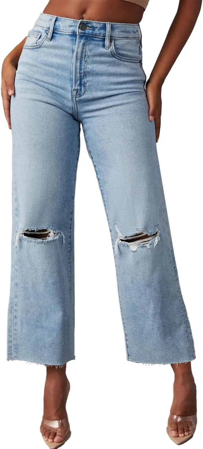 Allimy Women's High Waisted Straight Ankle Wide Leg Ripped Jeans Frayed Hem Stretchy Capri Denim Pants