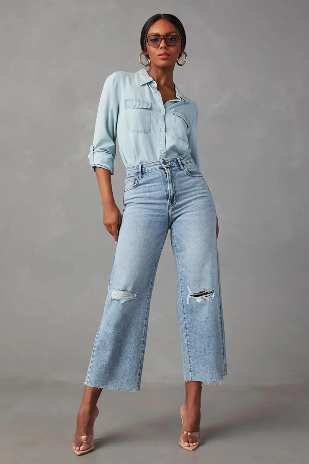 Allimy Women's High Waisted Straight Ankle Wide Leg Ripped Jeans Frayed Hem Stretchy Capri Denim Pants