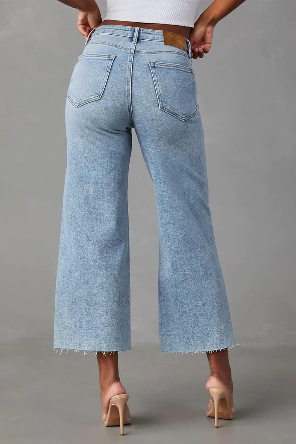 Allimy Women's High Waisted Straight Ankle Wide Leg Ripped Jeans Frayed Hem Stretchy Capri Denim Pants