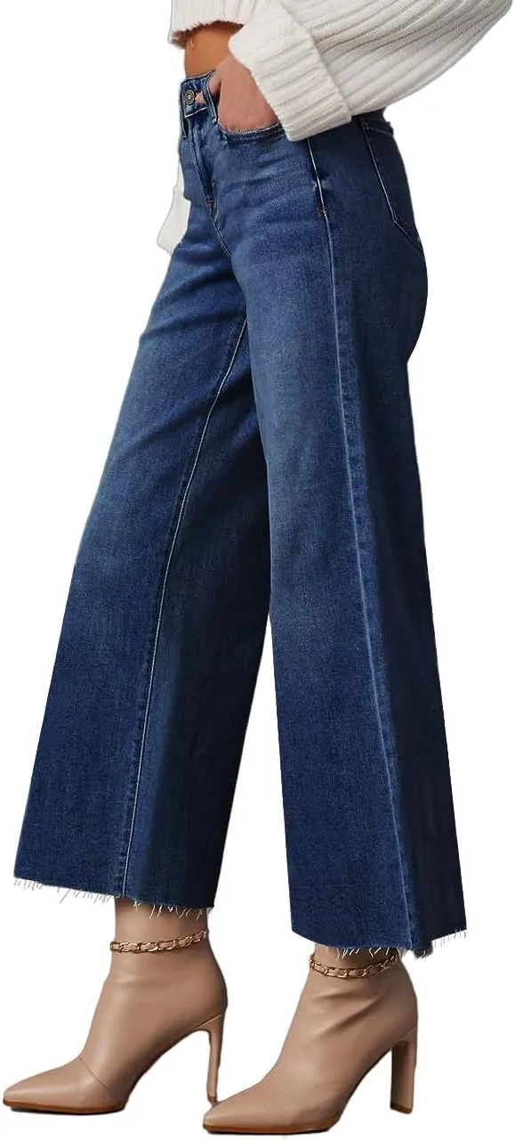 Allimy Women's High Waisted Straight Ankle Wide Leg Ripped Jeans Frayed Hem Stretchy Capri Denim Pants