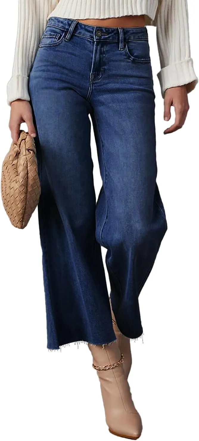 Allimy Women's High Waisted Straight Ankle Wide Leg Ripped Jeans Frayed Hem Stretchy Capri Denim Pants