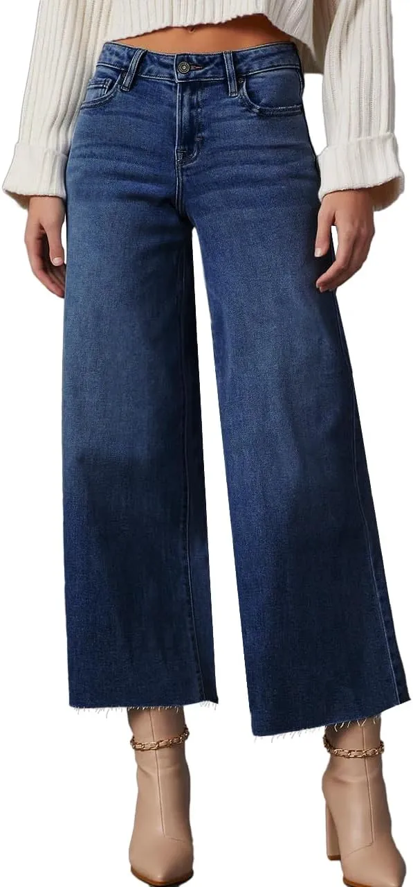 Allimy Women's High Waisted Straight Ankle Wide Leg Ripped Jeans Frayed Hem Stretchy Capri Denim Pants