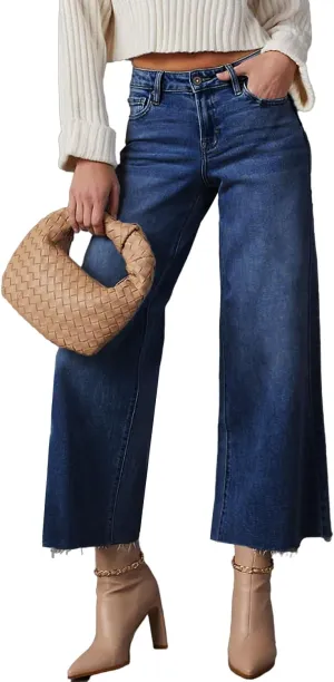 Allimy Women's High Waisted Straight Ankle Wide Leg Ripped Jeans Frayed Hem Stretchy Capri Denim Pants
