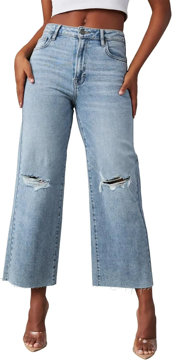Allimy Women's High Waisted Straight Ankle Wide Leg Ripped Jeans Frayed Hem Stretchy Capri Denim Pants
