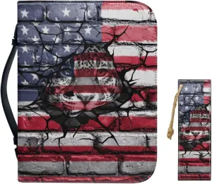 American Flag Sunflower Large Size Zippered PU Leather Bible Cover Case Flower Printing Bible Bag Bible Holder For Women Men
