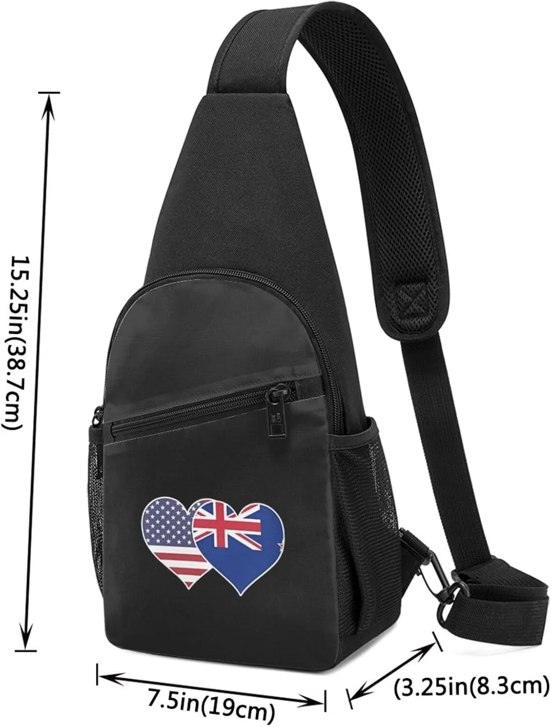 American New Zealand Flag Heart Unisex Chest Bag Lightweight Crossbody Shoulder Bag Travel Pocket