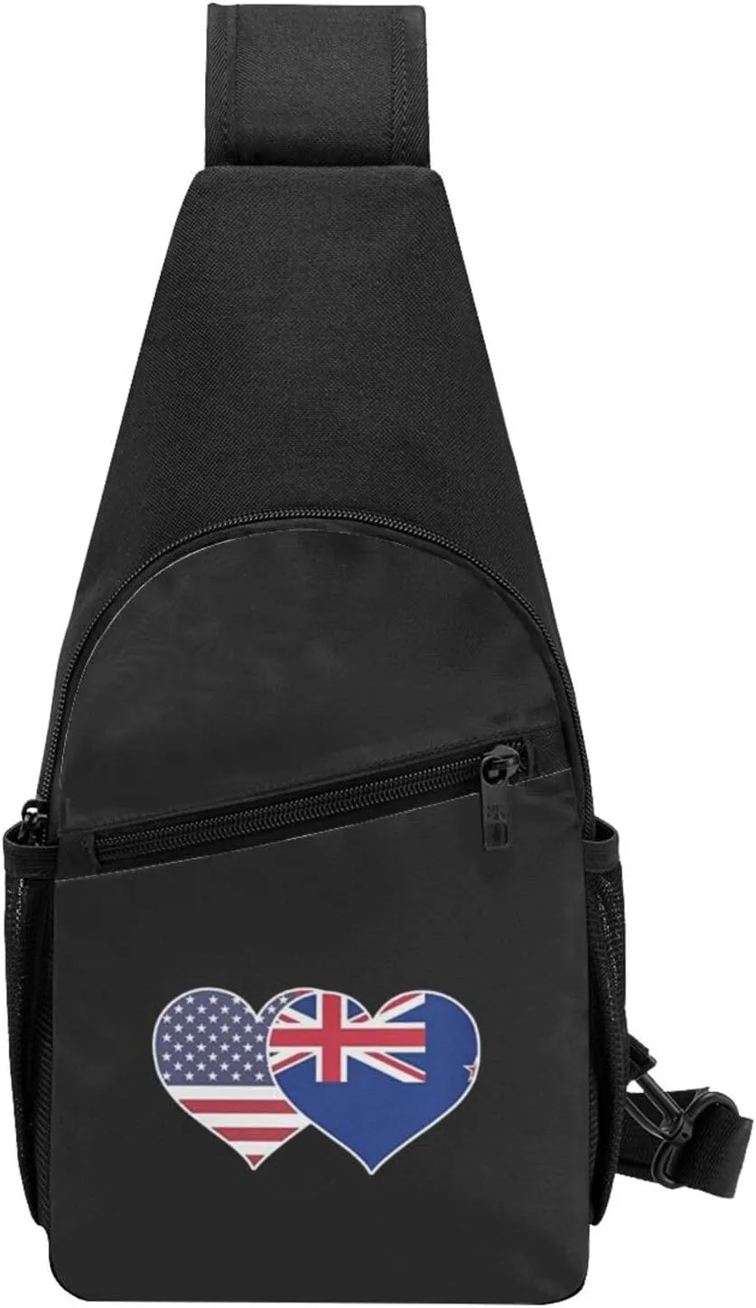 American New Zealand Flag Heart Unisex Chest Bag Lightweight Crossbody Shoulder Bag Travel Pocket