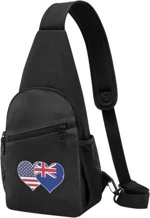 American New Zealand Flag Heart Unisex Chest Bag Lightweight Crossbody Shoulder Bag Travel Pocket
