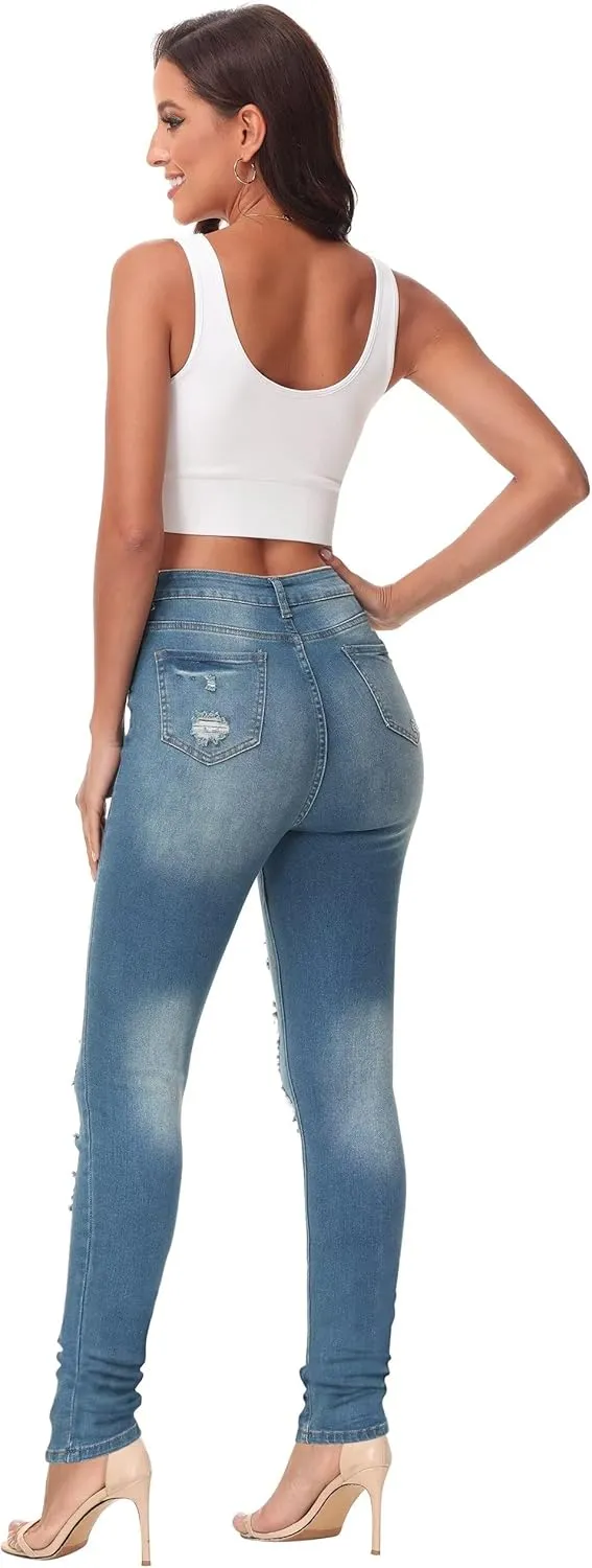 AMRSPENG Women's High Waisted Jeans for Women Ripped Stretch Skinny Butt Lifting Jeans Distressed Jeans Pants