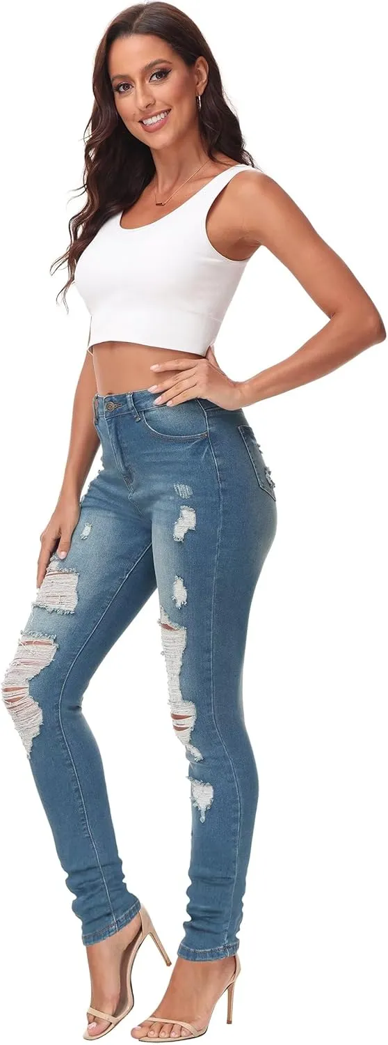 AMRSPENG Women's High Waisted Jeans for Women Ripped Stretch Skinny Butt Lifting Jeans Distressed Jeans Pants