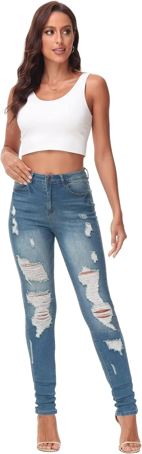 AMRSPENG Women's High Waisted Jeans for Women Ripped Stretch Skinny Butt Lifting Jeans Distressed Jeans Pants
