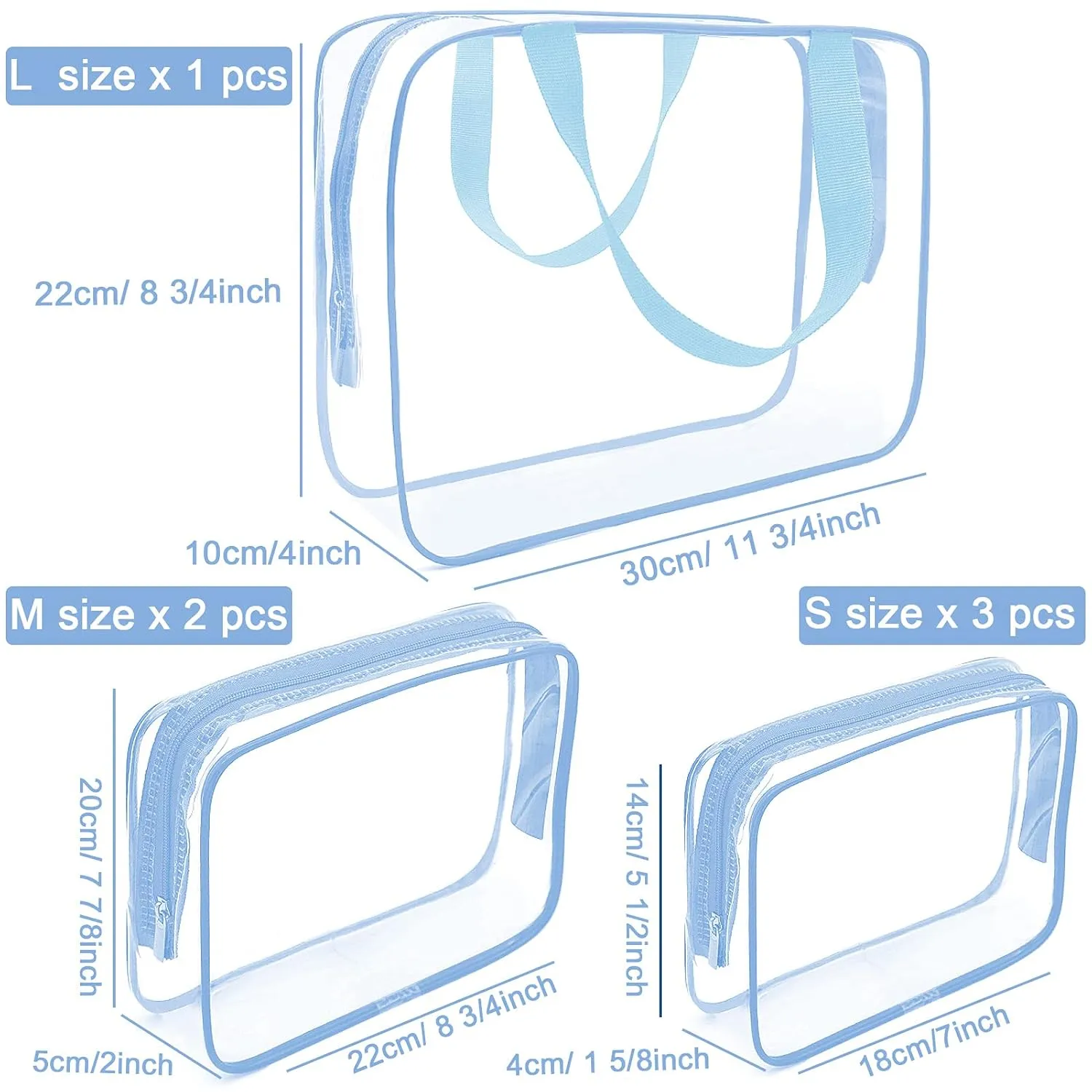 APREUTY Clear Makeup Bags, TSA Approved 6 Pcs Cosmetic Makeup Bags Set Clear PVC with Zipper Handle Portable Travel Luggage Pouch Airport Airline Vacation Organization (Haze Blue)