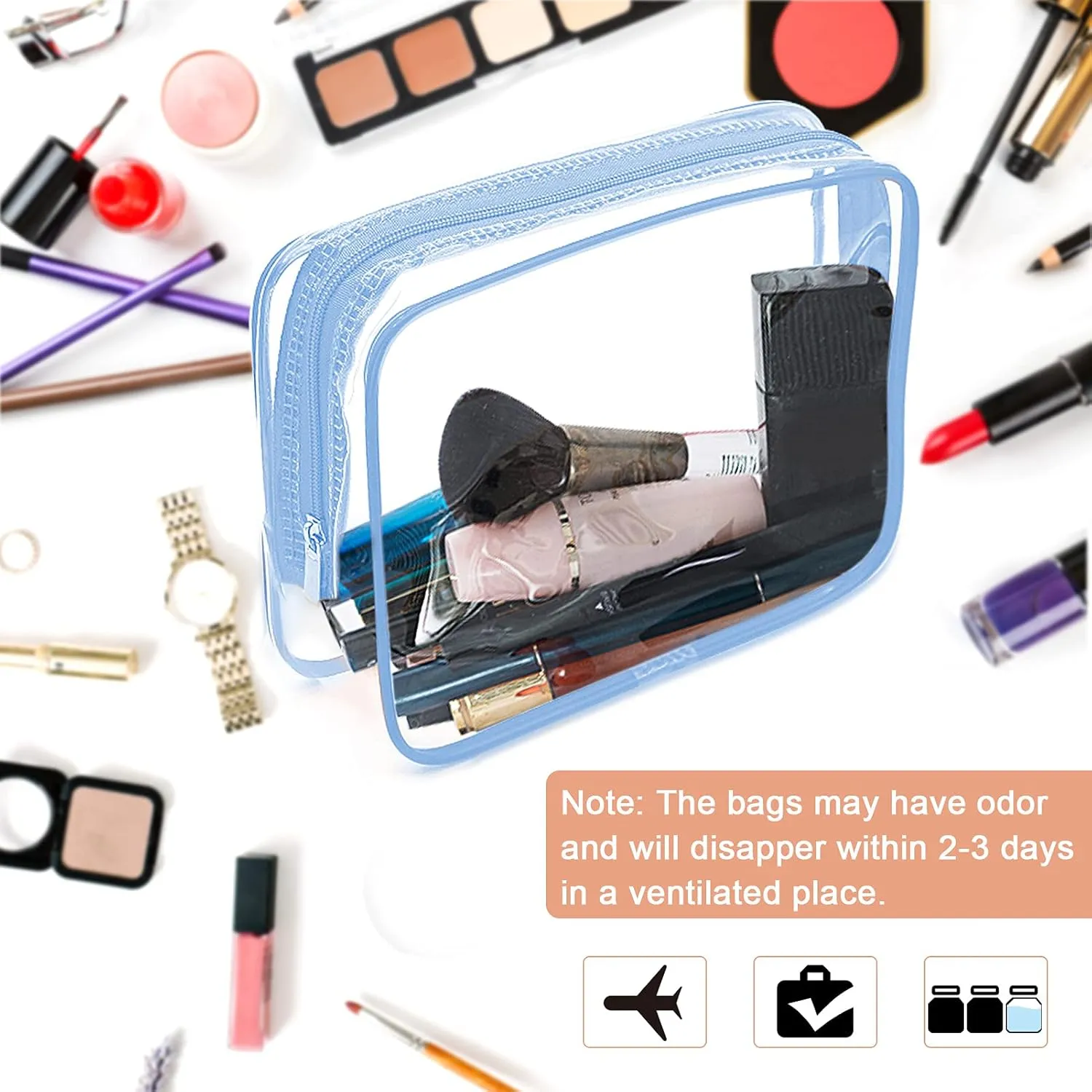 APREUTY Clear Makeup Bags, TSA Approved 6 Pcs Cosmetic Makeup Bags Set Clear PVC with Zipper Handle Portable Travel Luggage Pouch Airport Airline Vacation Organization (Haze Blue)