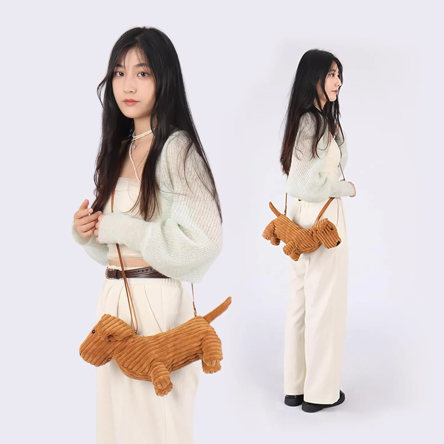 Apricot Lamb Dachshund Dog Animal Shoulder Bag Crossbody Plush Purse for Adults and Teen Girls Boys, Stuffed Animal Shoulder Bag, Kids and Adults Fashion Handbags, 13 Inches