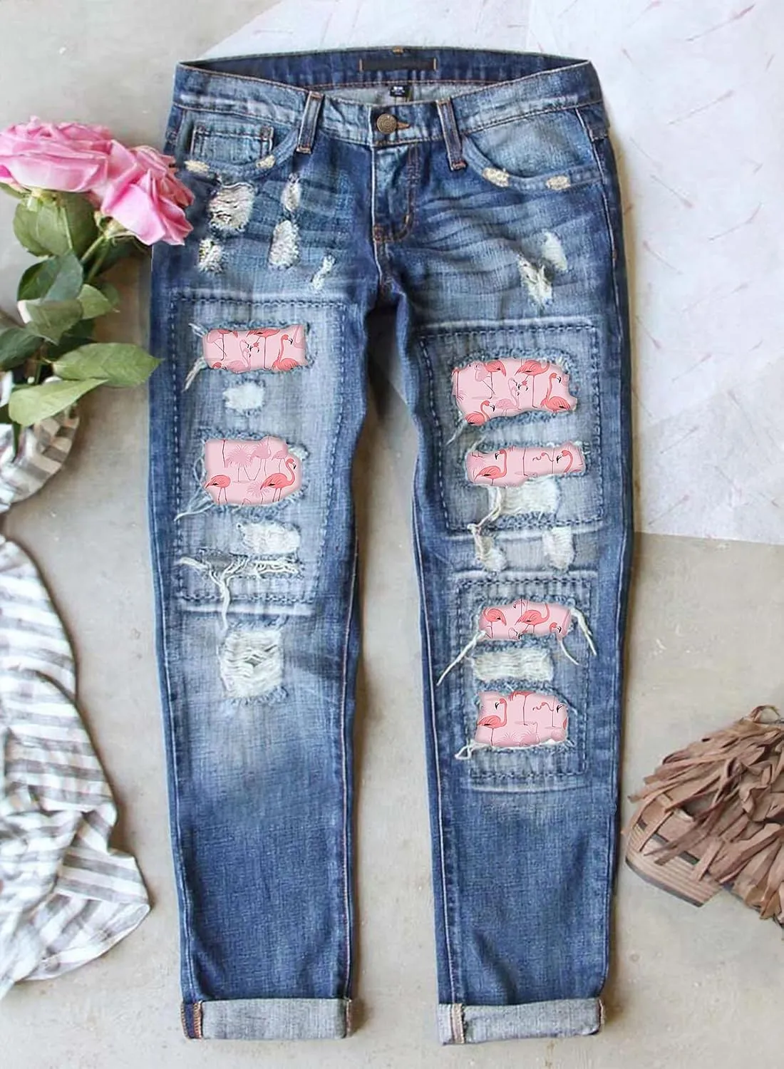 Astylish Womens Plaid Patch Ripped Boyfriend Distressed Stretch Skinny Denim Jeans with Hole
