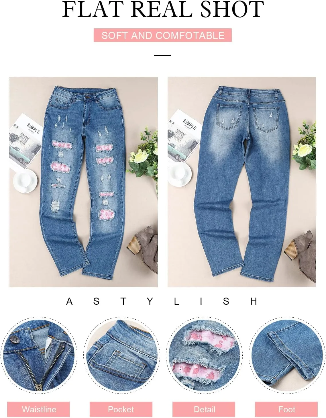 Astylish Womens Plaid Patch Ripped Boyfriend Distressed Stretch Skinny Denim Jeans with Hole