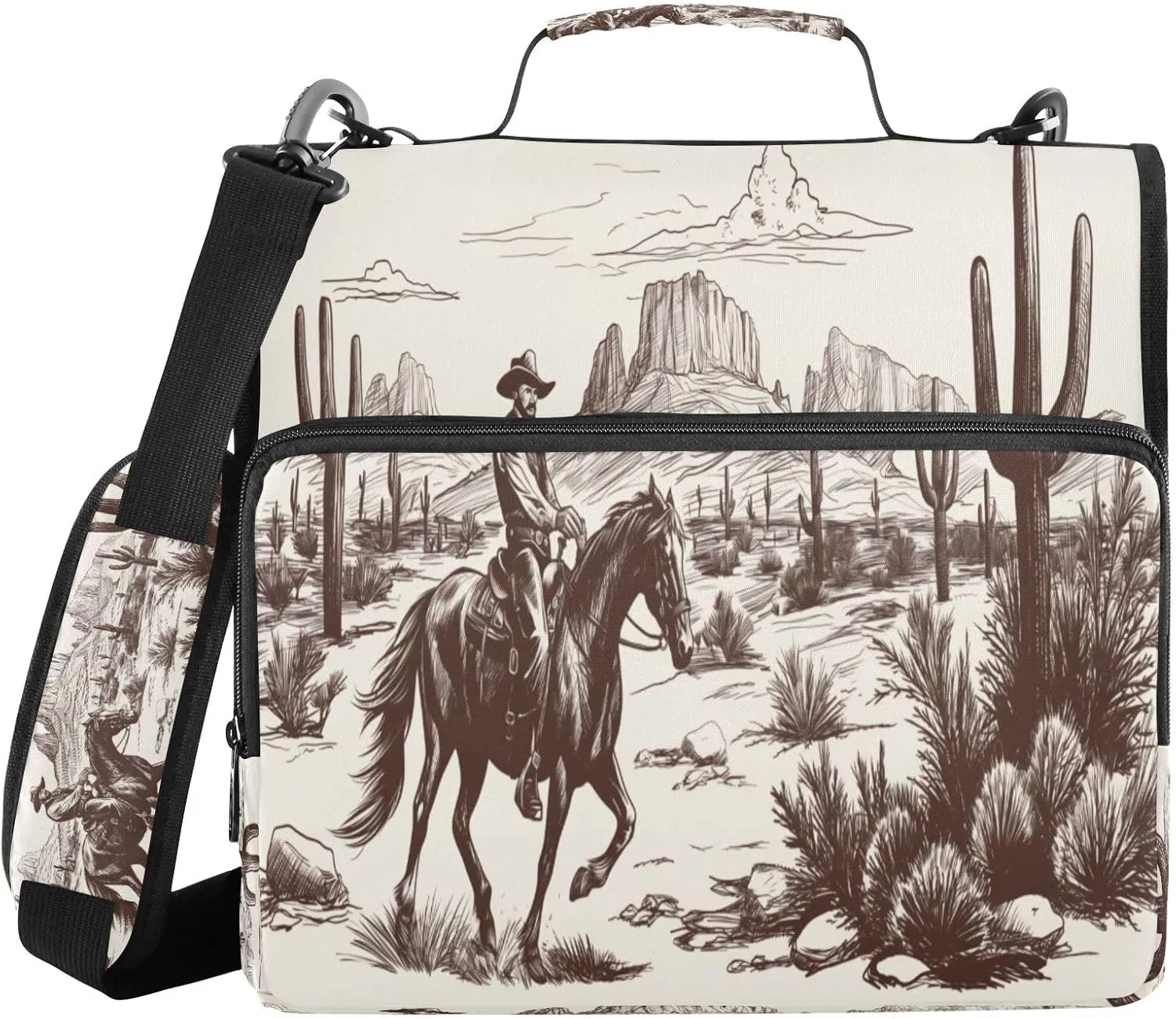 ATTX Western Desert Cowboy Zipper Binder with Adjustable Padded Strap - 3 Ring 500 Sheet Capacity Binder Bag with Multi-Pocket Organizer, Fits 12 Inch Laptop#219