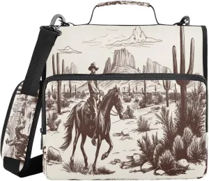 ATTX Western Desert Cowboy Zipper Binder with Adjustable Padded Strap - 3 Ring 500 Sheet Capacity Binder Bag with Multi-Pocket Organizer, Fits 12 Inch Laptop#219