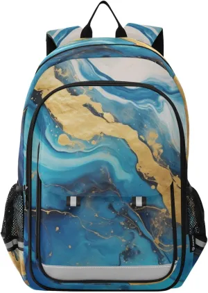 Backpack Blue Gold Fluid Travel Laptop Daypack Shoulder Bag Book Bag Daypack with Reflective Strip 12.9 ×17.7 In