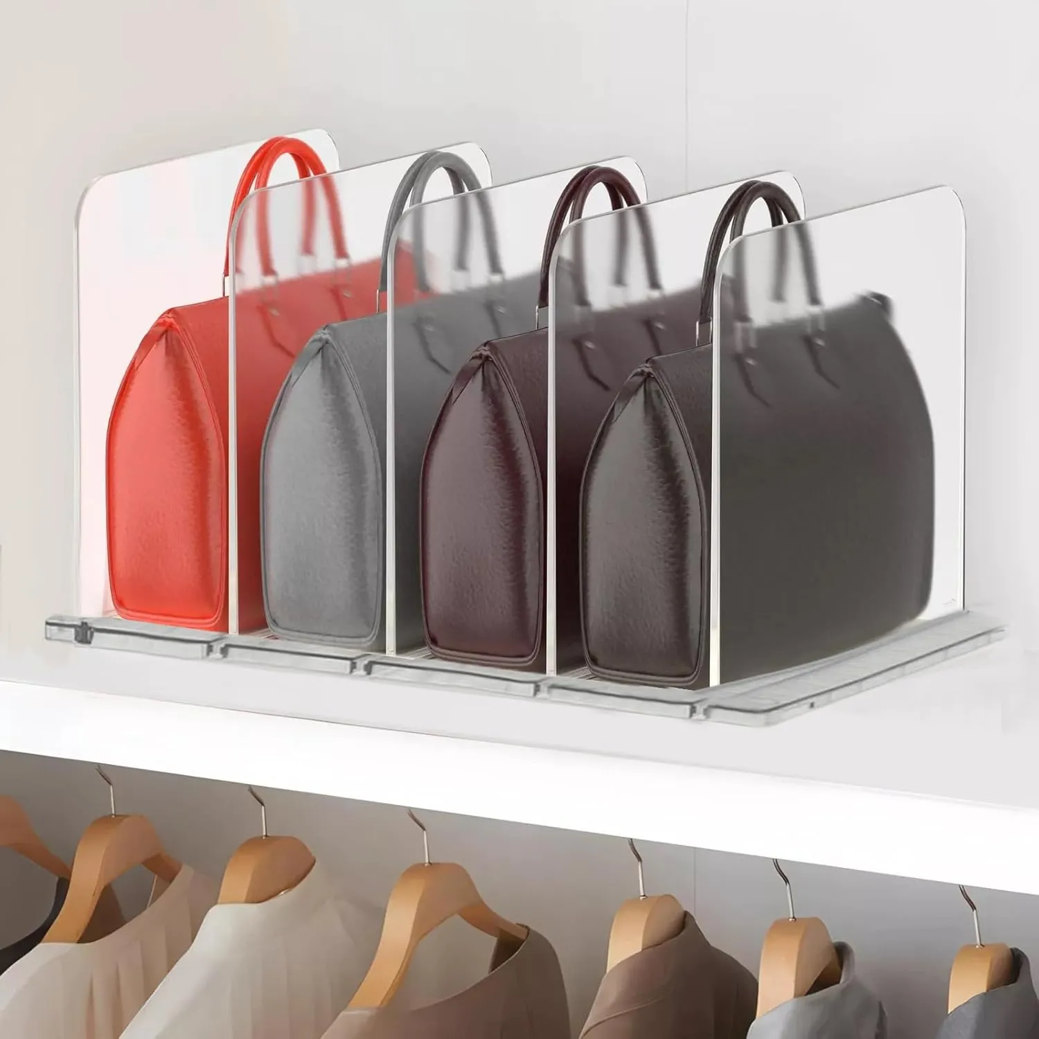 Bag Purse Organizer for Closet: 2 Pack Adjustable Clear Handbag Storage Shelf Spacer Saver Plastic Clutch Dividers Minimal Keep Purses upright