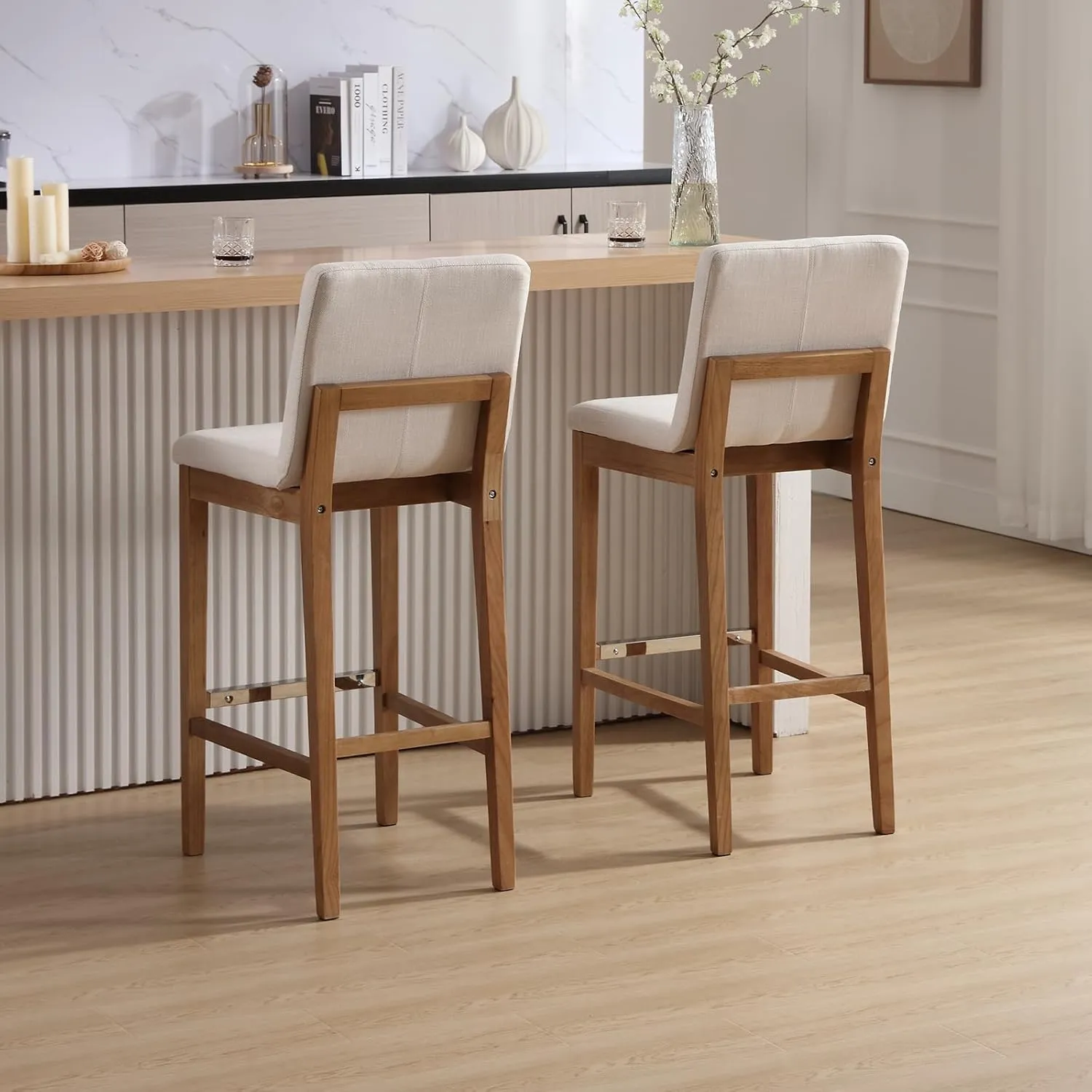 Bar Stools Set of 2, 30'' Modern Upholstered Barstools with Natural Wood Leg, Stool Chair for Kitchen Island, Home Bar, High Table, Pub, Linen Beige