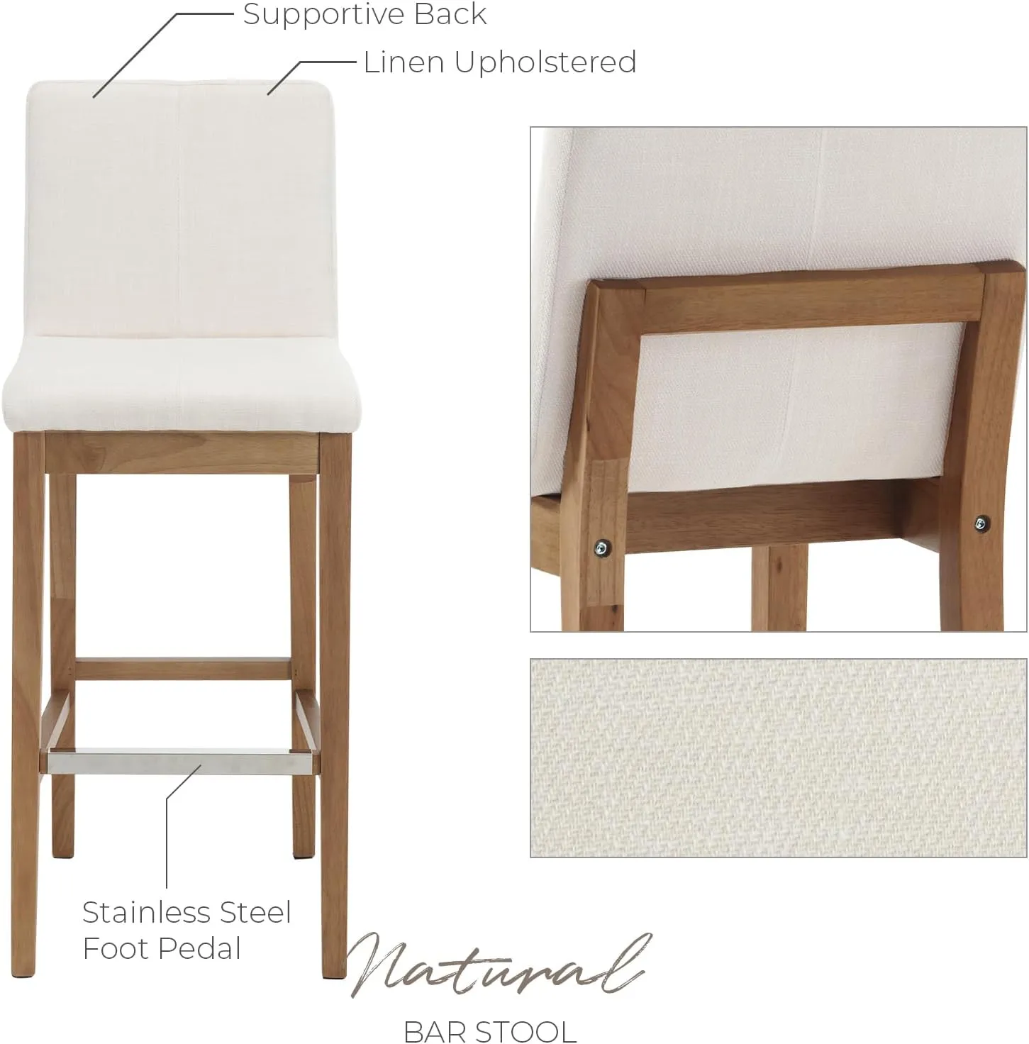 Bar Stools Set of 2, 30'' Modern Upholstered Barstools with Natural Wood Leg, Stool Chair for Kitchen Island, Home Bar, High Table, Pub, Linen Beige