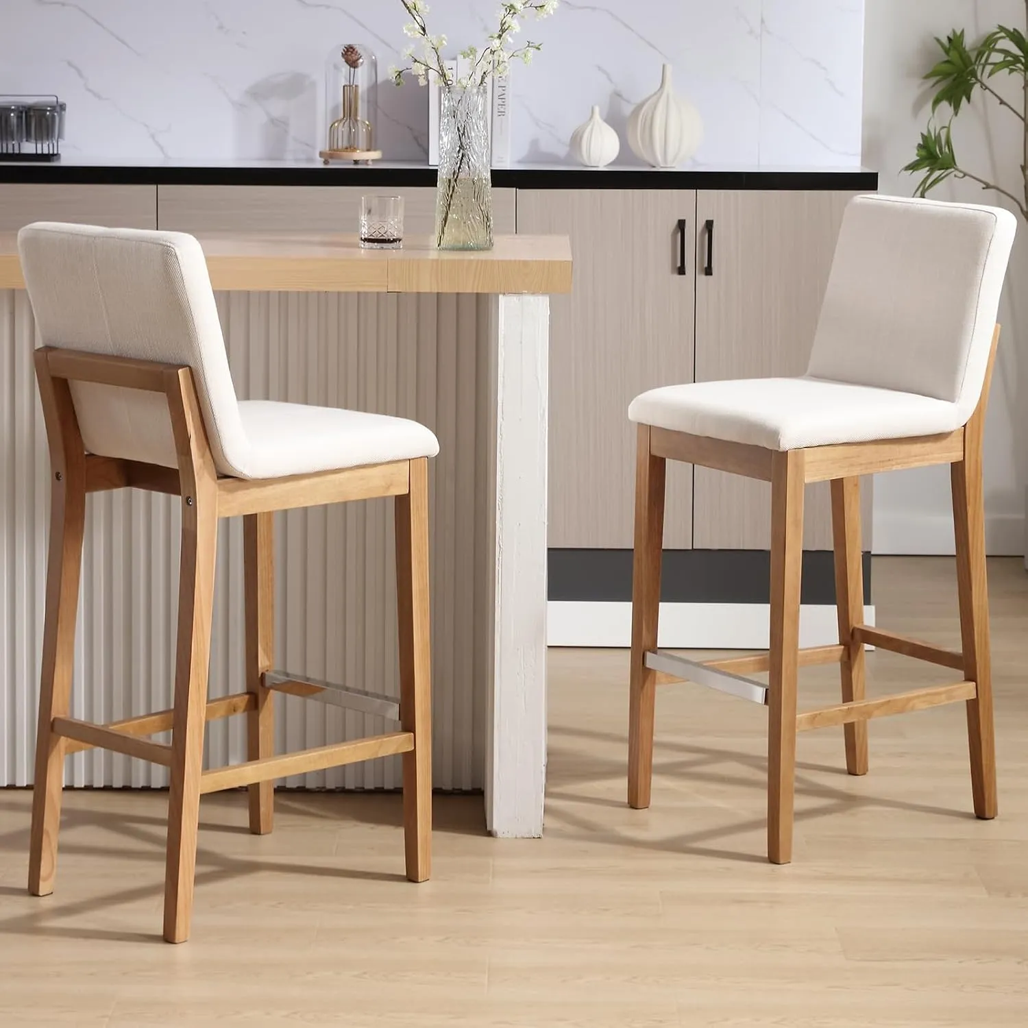 Bar Stools Set of 2, 30'' Modern Upholstered Barstools with Natural Wood Leg, Stool Chair for Kitchen Island, Home Bar, High Table, Pub, Linen Beige