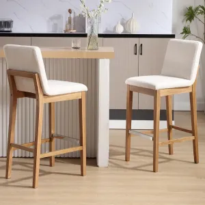 Bar Stools Set of 2, 30'' Modern Upholstered Barstools with Natural Wood Leg, Stool Chair for Kitchen Island, Home Bar, High Table, Pub, Linen Beige