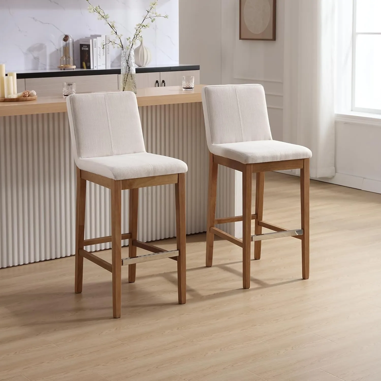 Bar Stools Set of 2, 30'' Modern Upholstered Barstools with Natural Wood Leg, Stool Chair for Kitchen Island, Home Bar, High Table, Pub, Linen Beige