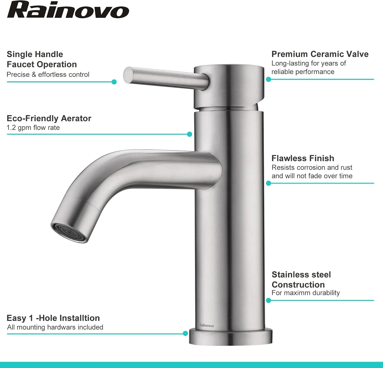 Bathroom Sink Faucet: Single Handle Bathroom Faucet with Pop Up Drain, Bathroom Faucet 1 Hole, Stainless Steel - Brushed Nickel Bathroom Faucet, Vanity Sink Faucet