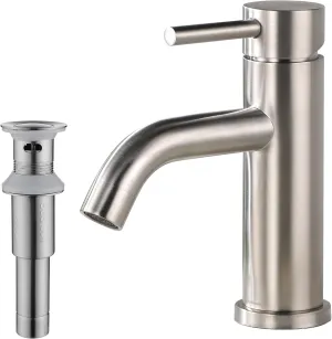 Bathroom Sink Faucet: Single Handle Bathroom Faucet with Pop Up Drain, Bathroom Faucet 1 Hole, Stainless Steel - Brushed Nickel Bathroom Faucet, Vanity Sink Faucet